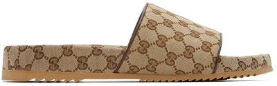 Gucci Leather-trimmed Monogrammed Canvas Slides In Brown
