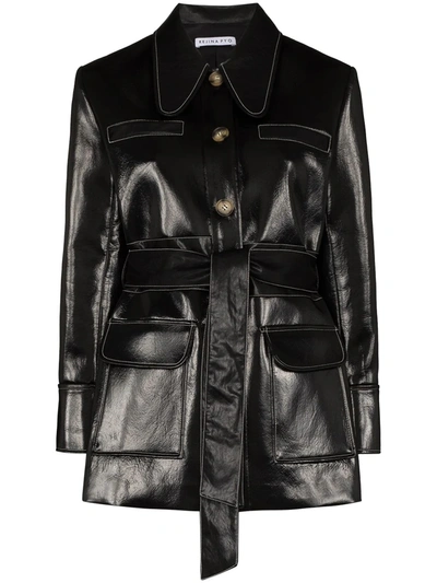 Rejina Pyo Felix Belted Patent Faux-leather Jacket In Black