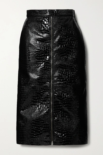 Pushbutton Croc-effect Faux Patent-leather Midi Skirt In Black