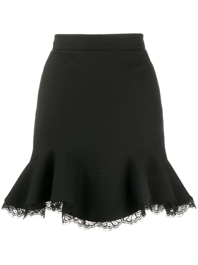 Alexander Mcqueen Ruffled Lace-trimmed Wool-blend Mini Skirt In Black