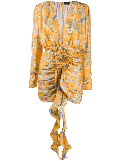 Magda Butrym Belted Ruched Floral-print Silk-satin Jacquard Mini Dress In Marigold