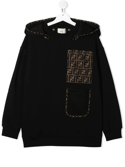Fendi Kids' Ff Motif Pocket Hoodie In Black