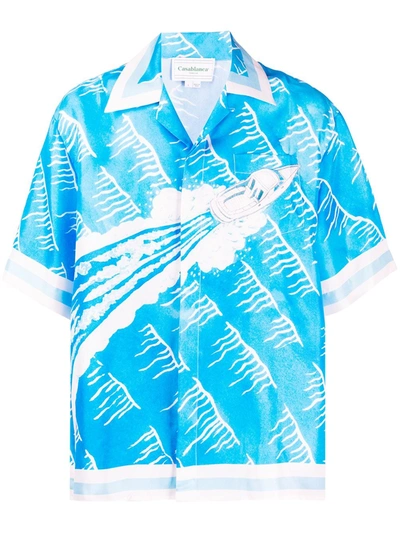 Casablanca Camp-collar Printed Linen Shirt In Blue