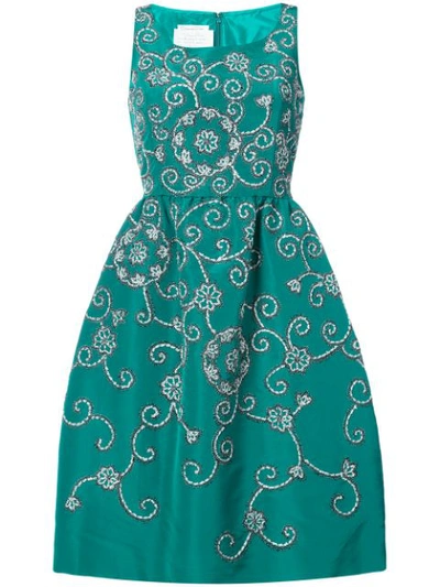 Oscar De La Renta Embroidered Floral Scroll Full-skirt Party Dress, Green In Emerald