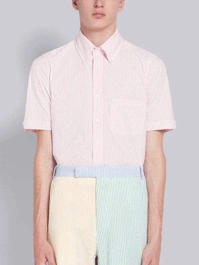 Thom Browne American Football Icon Short Sleeve Stripe Oxford Shirt In Pink