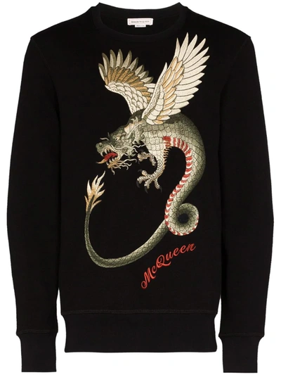 Alexander Mcqueen Black Cotton Dragon Print Sweatshirt