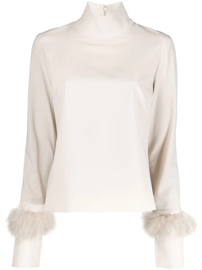 16arlington Maika Marabou-trim Roll-neck Crepe Top In Neutrals