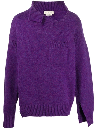 Marni Deconstructed Raw-edge Wool Jumper In Purple