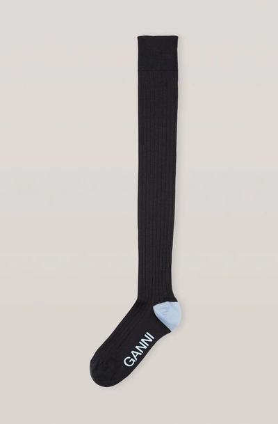 Ganni Logo-print Cotton-blend Over-the-knee Socks In Phantom