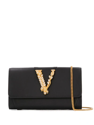 Versace Black Virtus Crystal Leather Clutch Bag