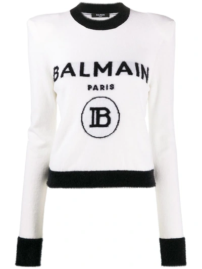 Balmain Logo-jacquard Shoulder-pad Jumper In White