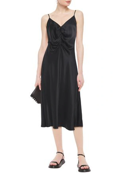 Frame Ruched Satin-crepe Midi Slip Dress In Black