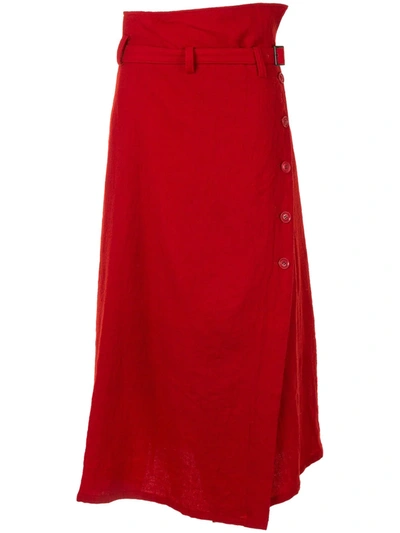 Y's Button-up Belted Mid-length Skirt In Red