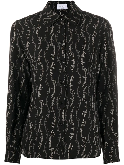 Ferragamo Long Sleeved Printed Silk Shirt In Black