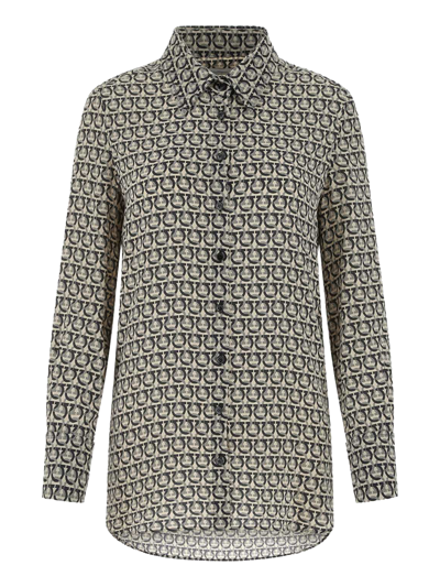 Ferragamo Printed Silk Crepe Shirt In Beige,black