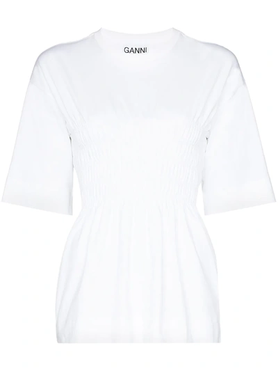 Ganni Shirred Organic Cotton-jersey T-shirt In White