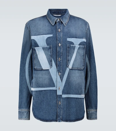 Valentino Vltn Denim Distressed Overshirt In Blue