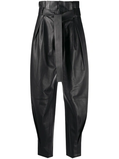 Red Valentino Leather Tapered Paperbag Pants In Black