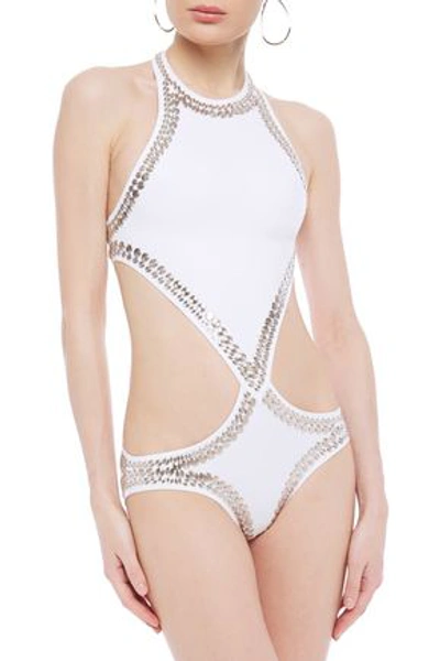 Norma Kamali Cutout Studded Halterneck Swimsuit In White
