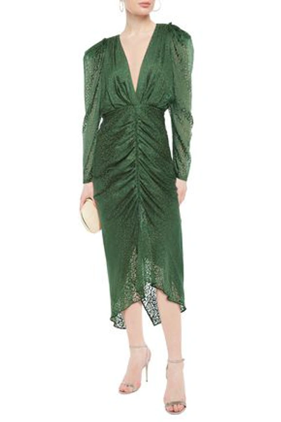 Ronny Kobo Ruched Leopard-print Devoré-chiffon Midi Dress In Emerald
