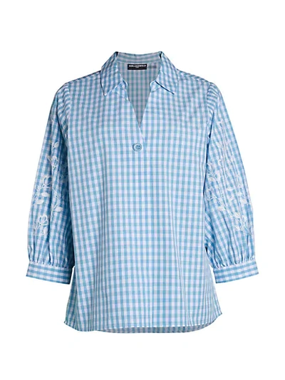 Karl Lagerfeld Puff-sleeve Gingham Shirt In Heritage Blue