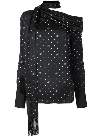 Monse One-shoulder Fringed Polka-dot Satin-twill Blouse In Black