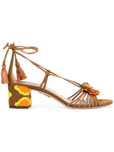 Aquazzura Samba Raffia-embellished Suede Block-heel Sandals In Tan