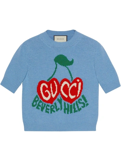 Gucci Beverly Hills Cherry Intarsia Wool Crop Sweater In Azure/ Multicolor