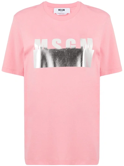 Msgm Metallic Logo-print T-shirt In Pink
