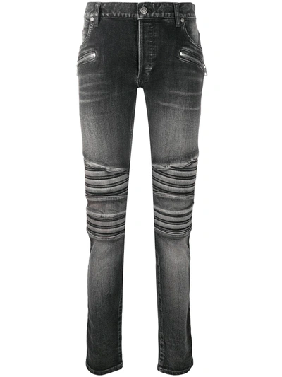 Balmain Ribbed Distressed Skinny Jeans In Black