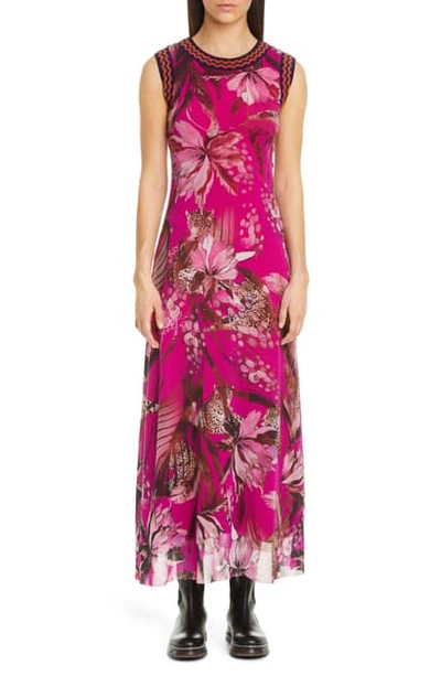 Fuzzi Leopard & Floral Print Tulle Maxi Dress In Azalea