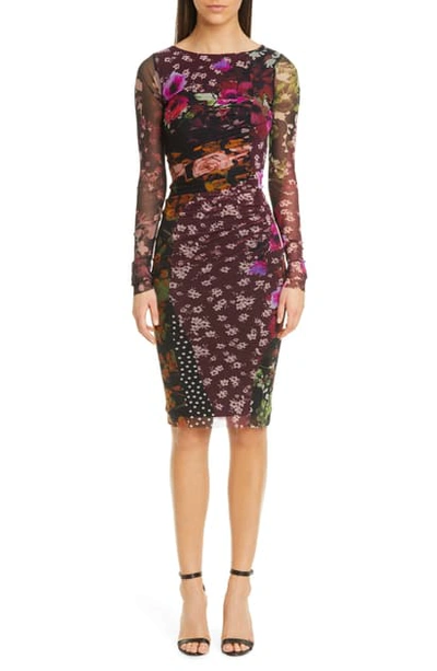 Fuzzi Floral & Dot Ruched Long Sleeve Dress In Vino