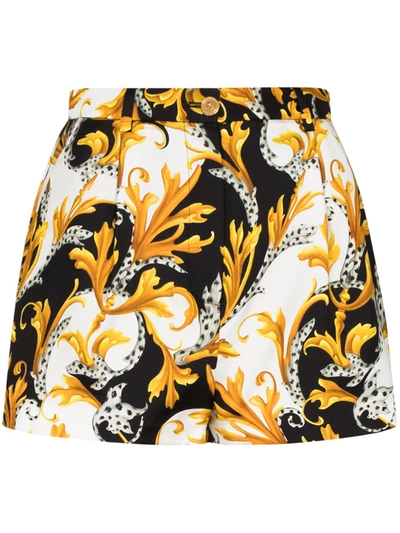 Versace High Waist Printed Silk Twill Shorts In White