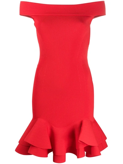 Alexander Mcqueen Off The Shoulder Ruffle Hem Rib Sweater Dress In Lust Red