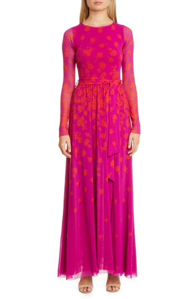 Fuzzi Floral Long Sleeve Tulle Maxi Dress In Azalea