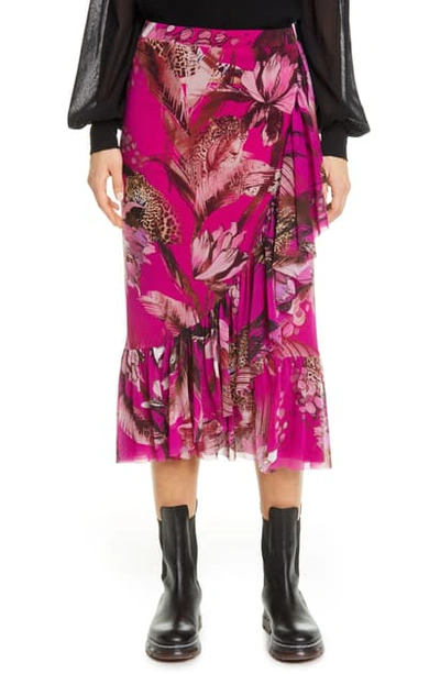 Fuzzi Leopard & Floral Print Ruffle Mesh Skirt In Azalea