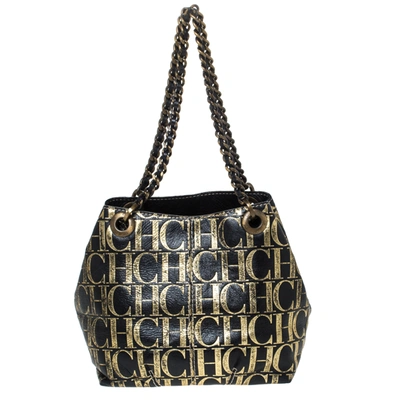 Pre-owned Ch Carolina Herrera Black/gold Monogram Leather Chain Shoulder Bag
