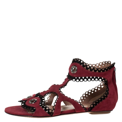 Pre-owned Alaïa Maroon Suede Scallop Trim Eyelet Embellished Ankle Cuff Flat Sandals Size 40 In Red