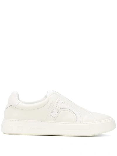 Ferragamo Men's Borg 2 Leather Sneaker With Metallic Gancio In White