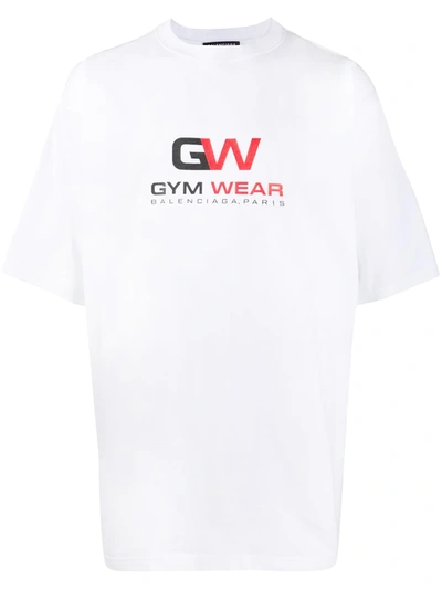 Balenciaga Logo Gym Print Cotton Jersey T-shirt In White