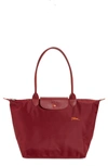 Longchamp Le Pliage Club Leather Trimmed Top Handle Shoulder Tote In Garnet Red