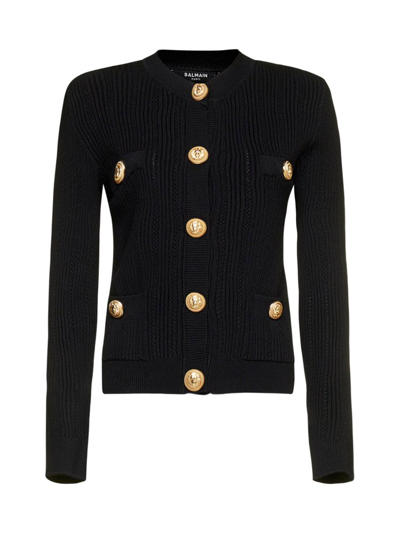 Balmain Button-embellished Ribbed Cardigan In Black