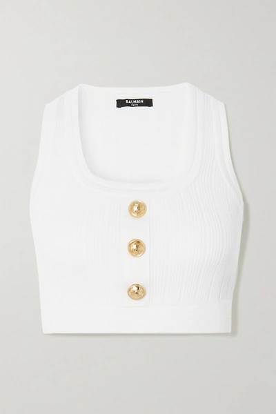 Balmain Cropped Button-embellished Ribbed-knit Top In White