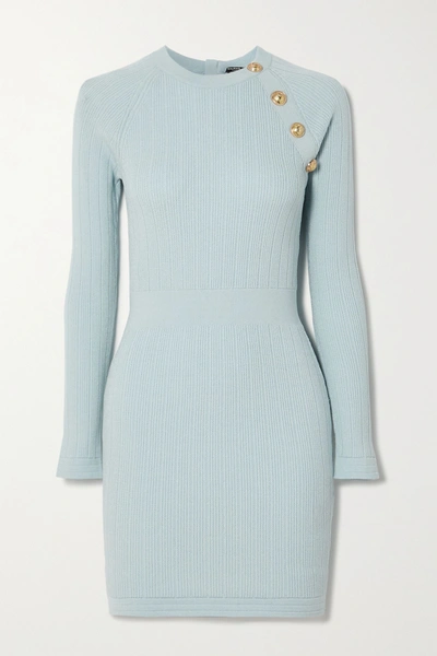 Balmain Button-embellished Ribbed-knit Mini Dress In Blue