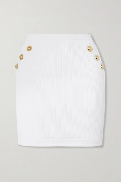 Balmain Button-embellished Ribbed Stretch-knit Mini Skirt In White