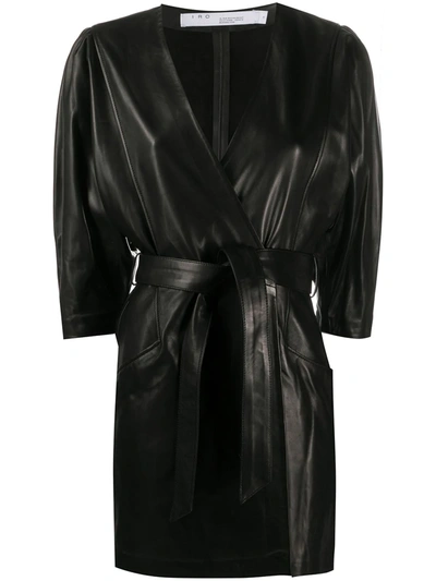 Iro Lanika Belted Leather Mini Wrap Dress In Black