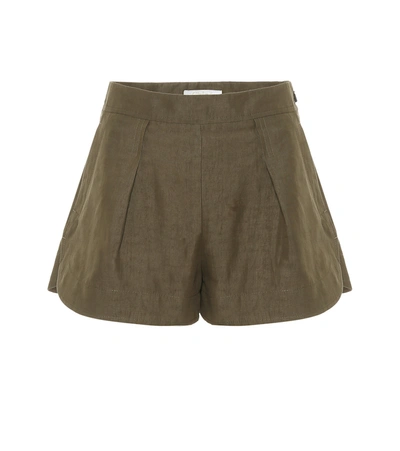 Chloé Pleated Linen And Cotton-blend Shorts In Green