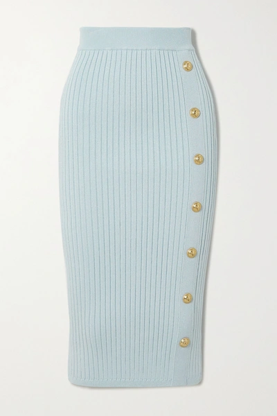 Balmain Button-embellished Ribbed Stretch-knit Midi Skirt In Blue