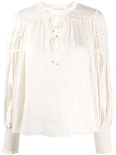 Ulla Johnson Fernanda Shirred Ruffled Crinkled-satin Blouse In Cream