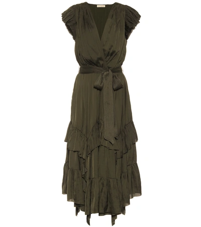 Ulla Johnson Abella Asymmetric Ruffled Crinkled-satin Midi Dress In Forest